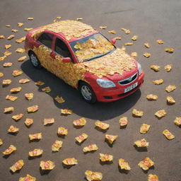 A creative and vibrant image showing a car entirely made out of Lay's potato chip packets. The car, designed in full detail, stands on a tarmac under a bright afternoon sun.