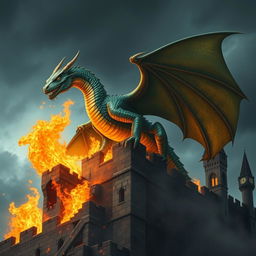 A realistic dragon perched atop a castle tower engulfed in flames