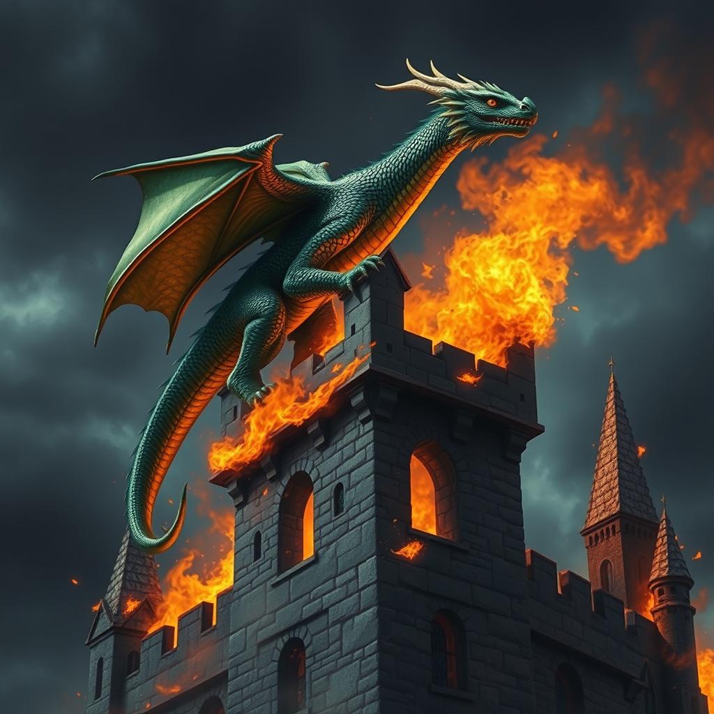 A realistic dragon perched atop a castle tower engulfed in flames