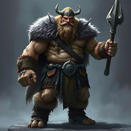 A powerful 7-foot-tall barbarian shifter from DnD 5th Edition, exuding strength and fierceness, reminiscent of a traditional Viking warrior