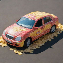 A creative and vibrant image showing a car entirely made out of Lay's potato chip packets. The car, designed in full detail, stands on a tarmac under a bright afternoon sun.