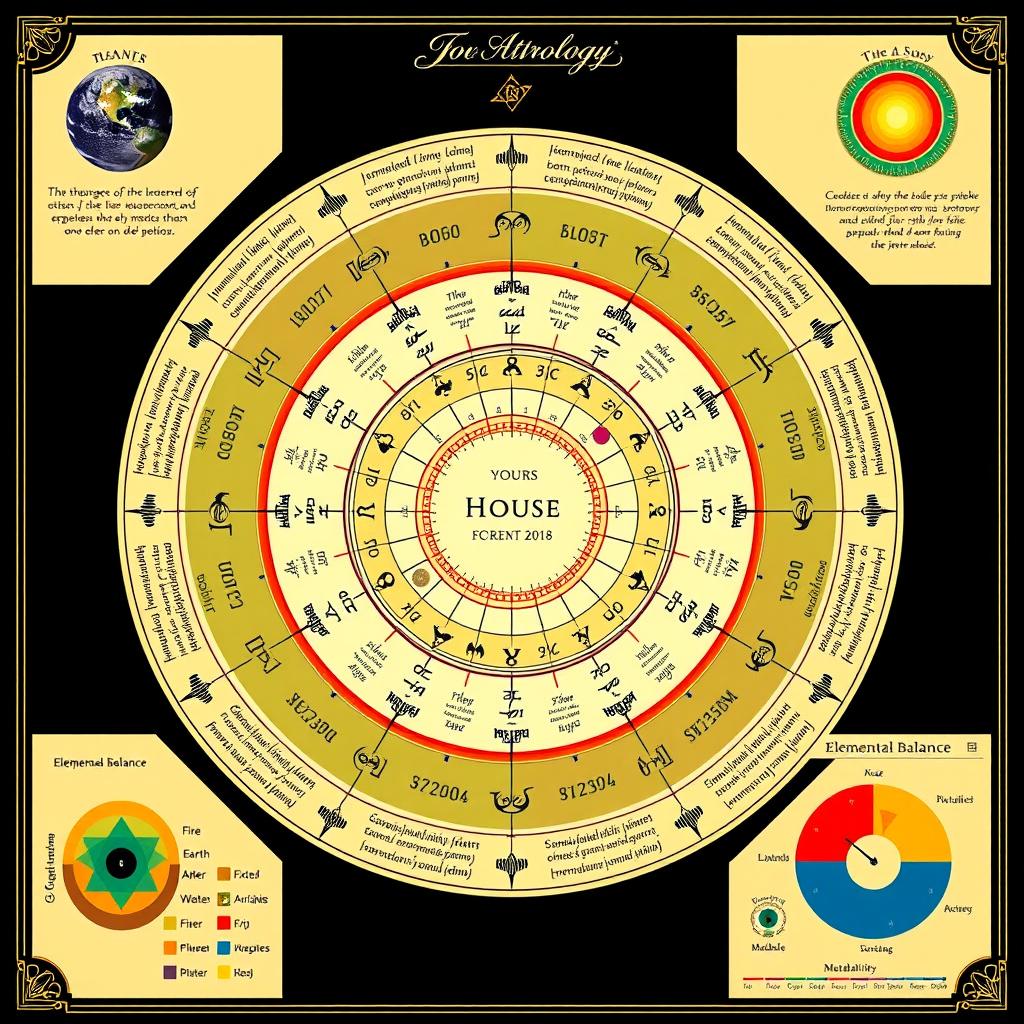 A personalized astrological chart artfully designed with several key elements: At the core is a central circle prominently featuring your name, birth date, time, and location, rendered elegantly