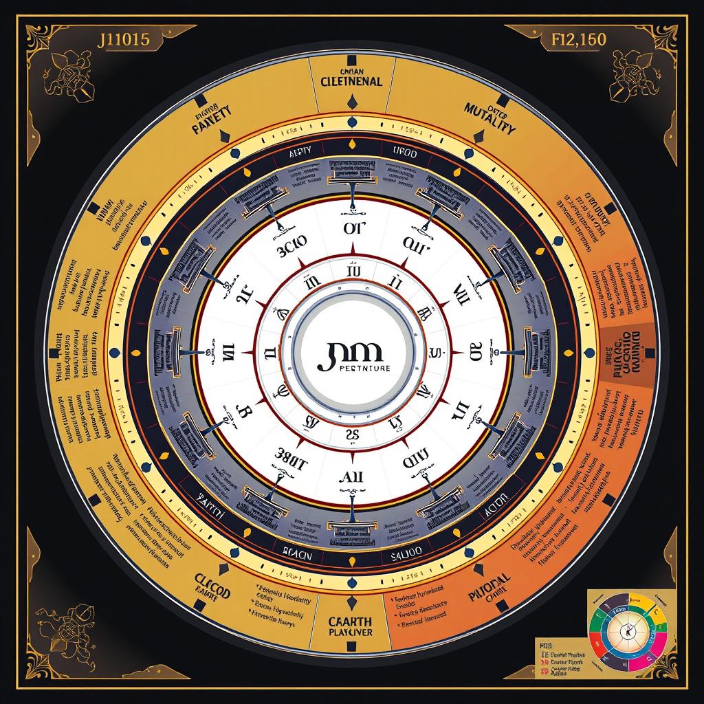 A personalized astrological chart artfully designed with several key elements: At the core is a central circle prominently featuring your name, birth date, time, and location, rendered elegantly