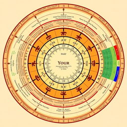 A personalized astrological chart artfully designed with several key elements: At the core is a central circle prominently featuring your name, birth date, time, and location, rendered elegantly