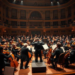 A dramatic scene of a full orchestra performing on stage, with musicians passionately playing their instruments