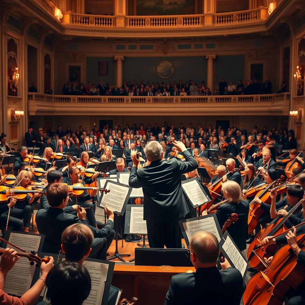 A dramatic scene of a full orchestra performing on stage, with musicians passionately playing their instruments