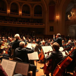 A dramatic scene of a full orchestra performing on stage, with musicians passionately playing their instruments