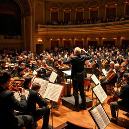 A dramatic scene of a full orchestra performing on stage, with musicians passionately playing their instruments