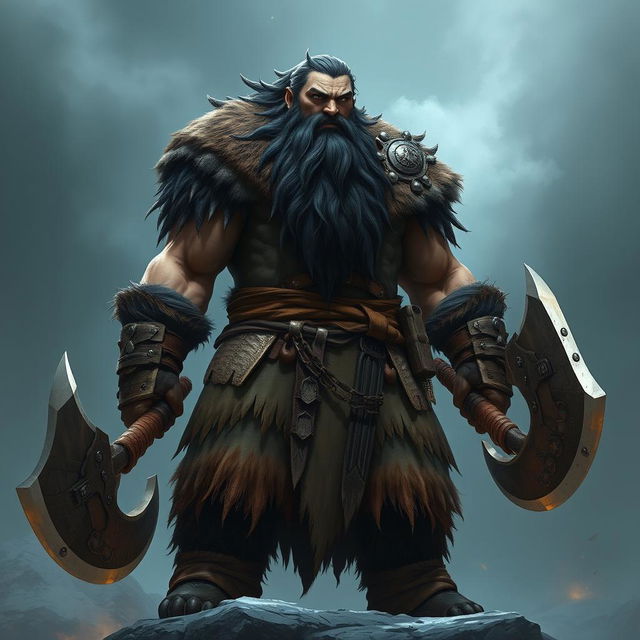 A towering barbarian shifter from DnD 5th Edition, standing at an impressive 215 cm tall