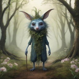 Create an image of 'Mogswort', a fictional creature or character. It should have a whimsical and fantastical appearance, suggesting an origin in an imaginative land.