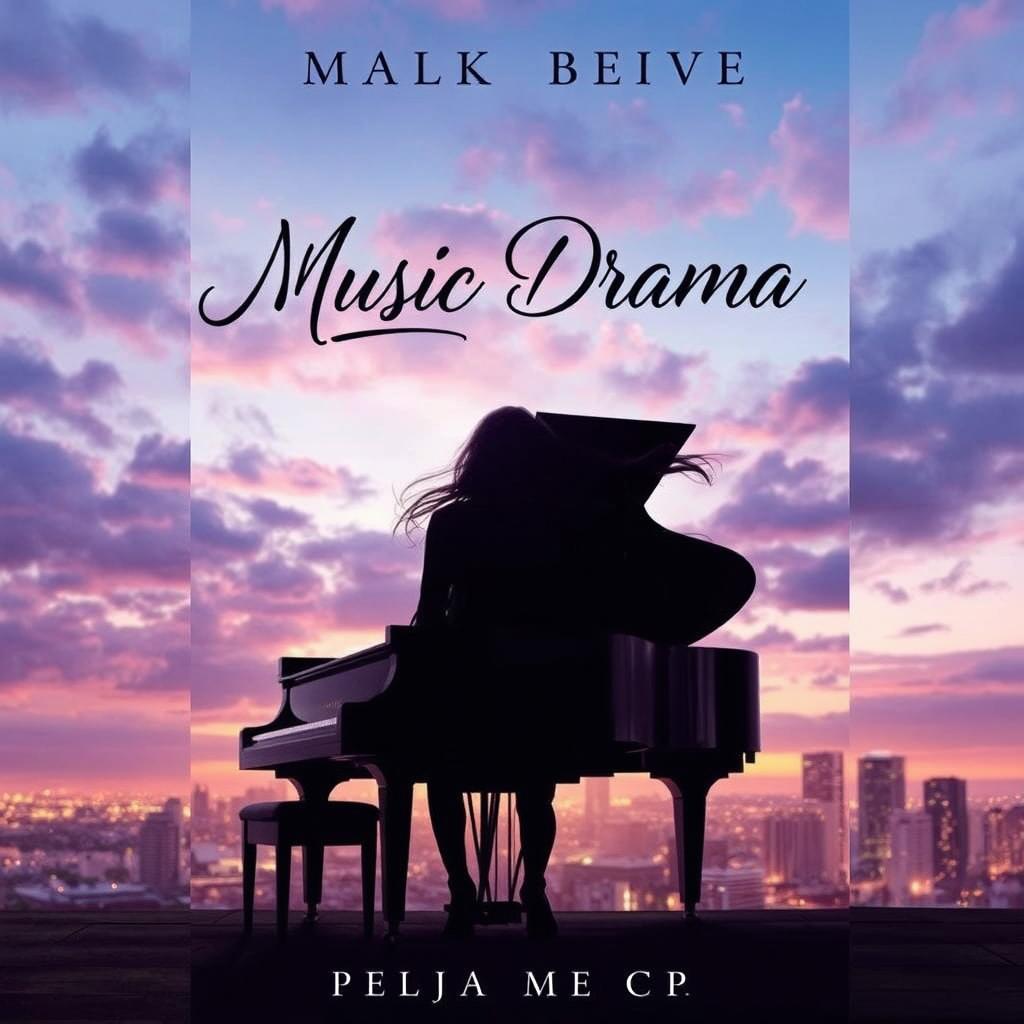 A captivating book cover for a music drama novel, featuring a striking contrast between a grand piano and a city skyline at dusk