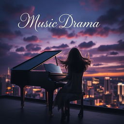 A captivating book cover for a music drama novel, featuring a striking contrast between a grand piano and a city skyline at dusk