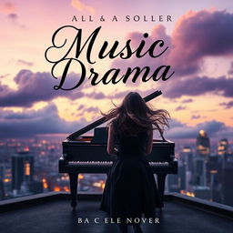 A captivating book cover for a music drama novel, featuring a striking contrast between a grand piano and a city skyline at dusk