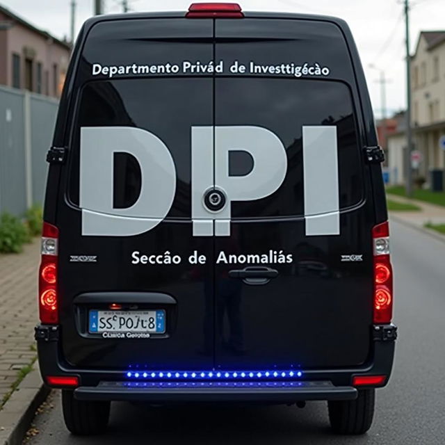 A black van with 'DPI' in large white letters and 'Departamento Privado de Investigação' in smaller white letters, along with 'Secção de Anomalias'