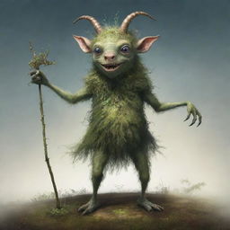 Create an image of 'Mogswort', a fictional creature or character. It should have a whimsical and fantastical appearance, suggesting an origin in an imaginative land.