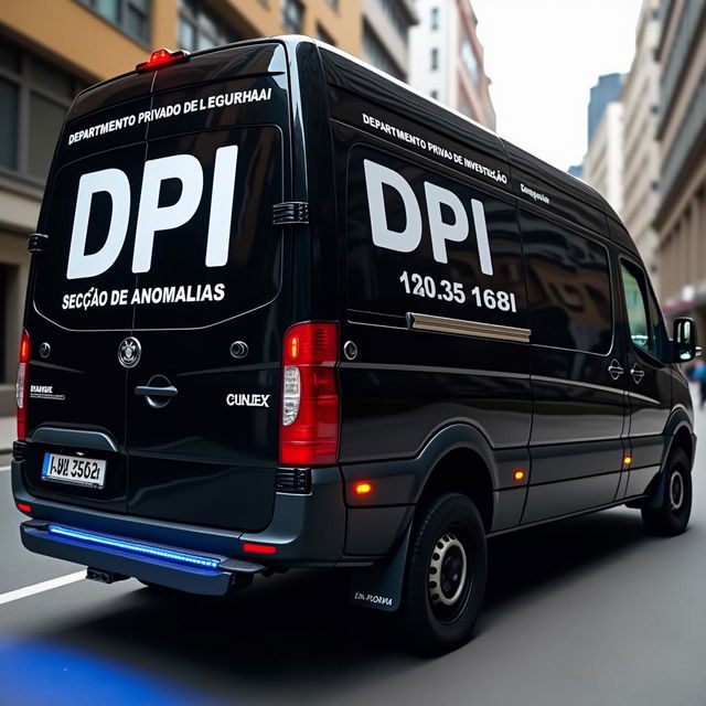 A black van viewed from the side, displaying 'DPI' in large white letters and 'Departamento Privado de Investigação' in smaller white letters, along with 'Secção de Anomalias'