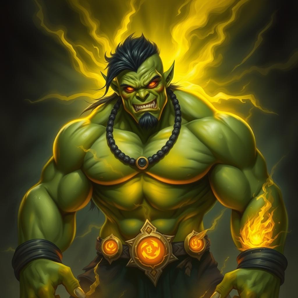 A powerful green orc warlock radiating a mysterious yellow aura