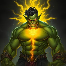 A powerful green orc warlock radiating a mysterious yellow aura