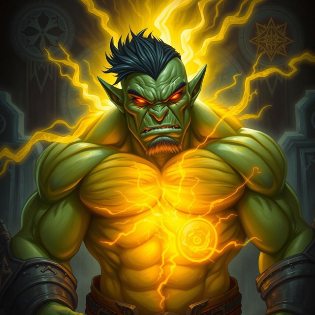 A powerful green orc warlock radiating a mysterious yellow aura