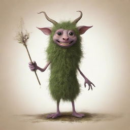 Create an image of 'Mogswort', a fictional creature or character. It should have a whimsical and fantastical appearance, suggesting an origin in an imaginative land.