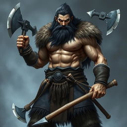 A towering barbarian shifter, 7 feet tall and 24 years old, featuring a leaner yet muscular build reminiscent of an agile warrior