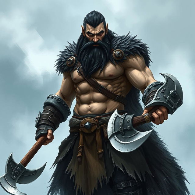 A towering barbarian shifter, 7 feet tall and 24 years old, featuring a leaner yet muscular build reminiscent of an agile warrior