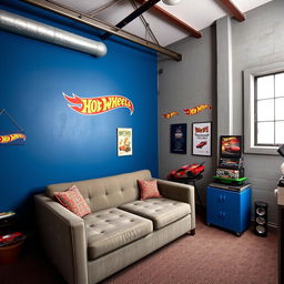 industrial-style room with a deep blue accent wall and other gray walls, featuring good illumination