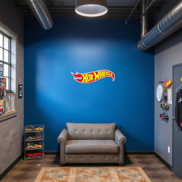 industrial-style room with a deep blue accent wall and other gray walls, featuring good illumination