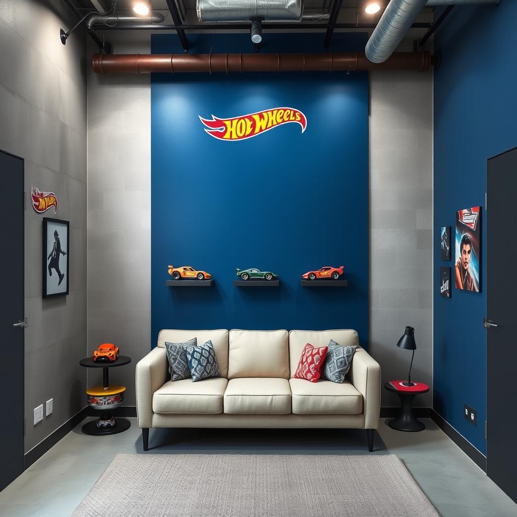 industrial-style room with a deep blue accent wall and other gray walls, featuring good illumination