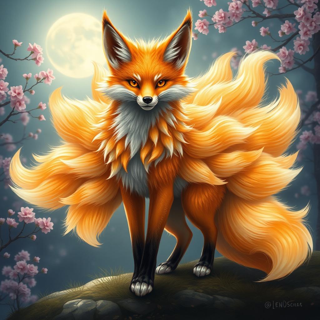 A captivating kitsune, a mythical fox spirit, portrayed as a beautiful fox with nine bushy, radiant tails