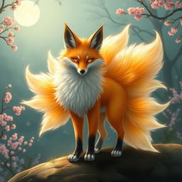 A captivating kitsune, a mythical fox spirit, portrayed as a beautiful fox with nine bushy, radiant tails