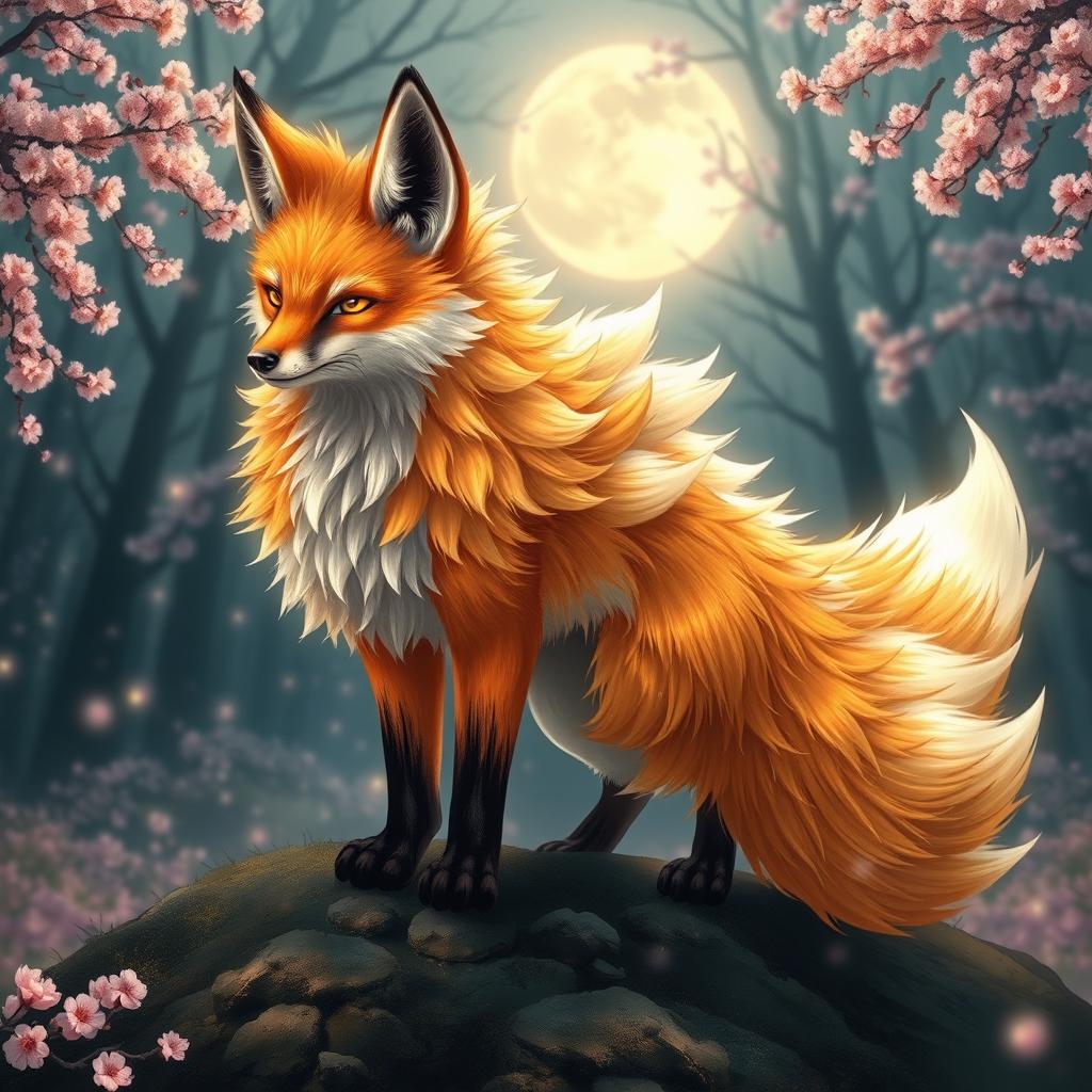 A captivating kitsune, a mythical fox spirit, portrayed as a beautiful fox with nine bushy, radiant tails