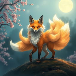 A captivating kitsune, a mythical fox spirit, portrayed as a beautiful fox with nine bushy, radiant tails