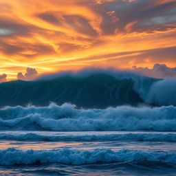 A breathtaking scene of a tsunami on the horizon, with towering waves rising against a vibrant sky