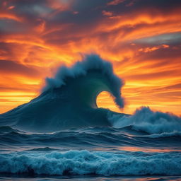 A breathtaking scene of a tsunami on the horizon, with towering waves rising against a vibrant sky