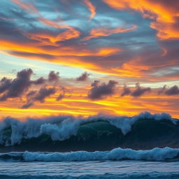 A breathtaking scene of a tsunami on the horizon, with towering waves rising against a vibrant sky