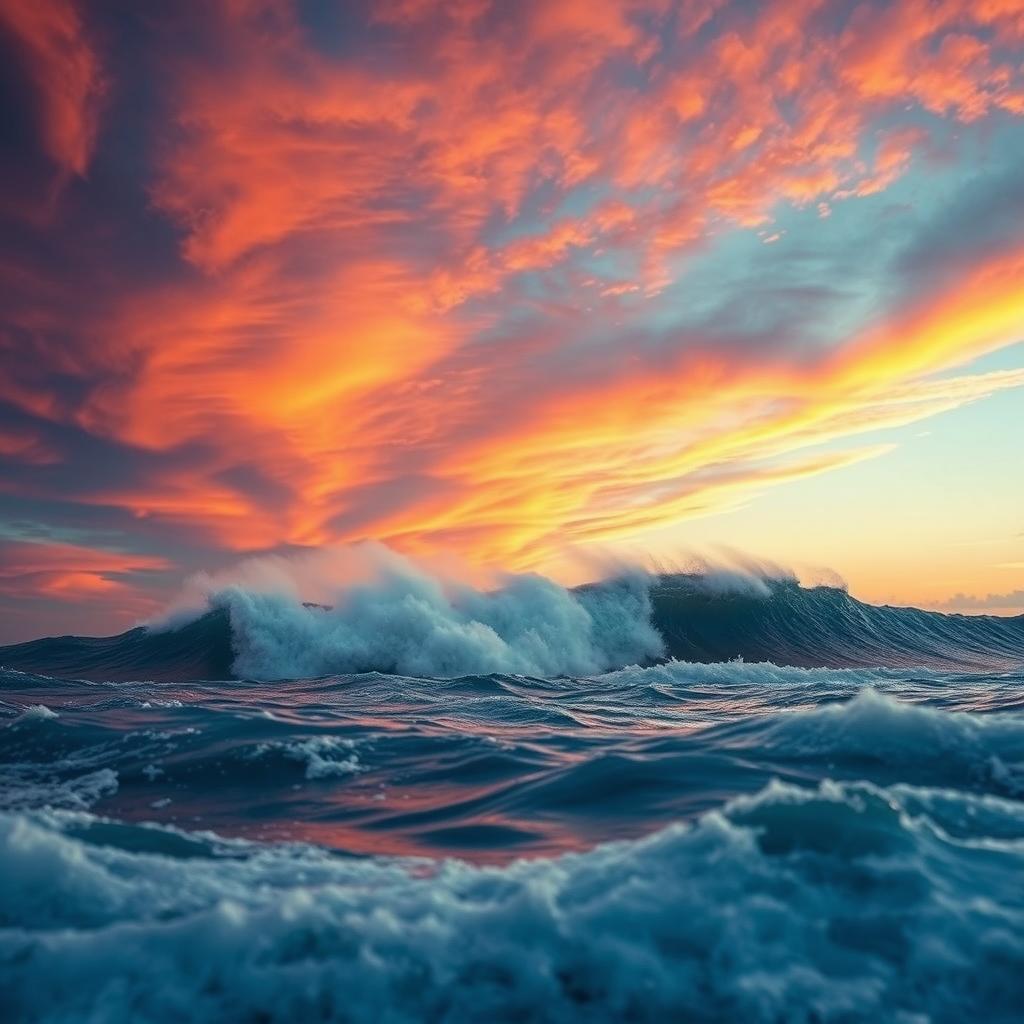 A breathtaking scene of a tsunami on the horizon, with towering waves rising against a vibrant sky