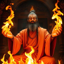 A mythical fire guru, dressed in traditional robes, surrounded by flickering flames, casting mystical spells