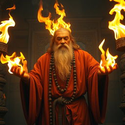 A mythical fire guru, dressed in traditional robes, surrounded by flickering flames, casting mystical spells