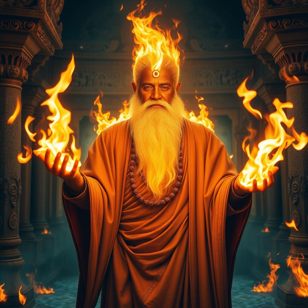 A mythical fire guru, dressed in traditional robes, surrounded by flickering flames, casting mystical spells