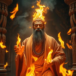 A mythical fire guru, dressed in traditional robes, surrounded by flickering flames, casting mystical spells