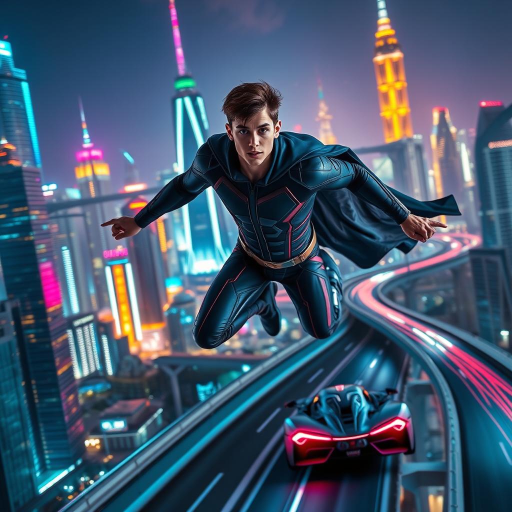 A young man in a sleek superhero suit soaring through a futuristic cityscape