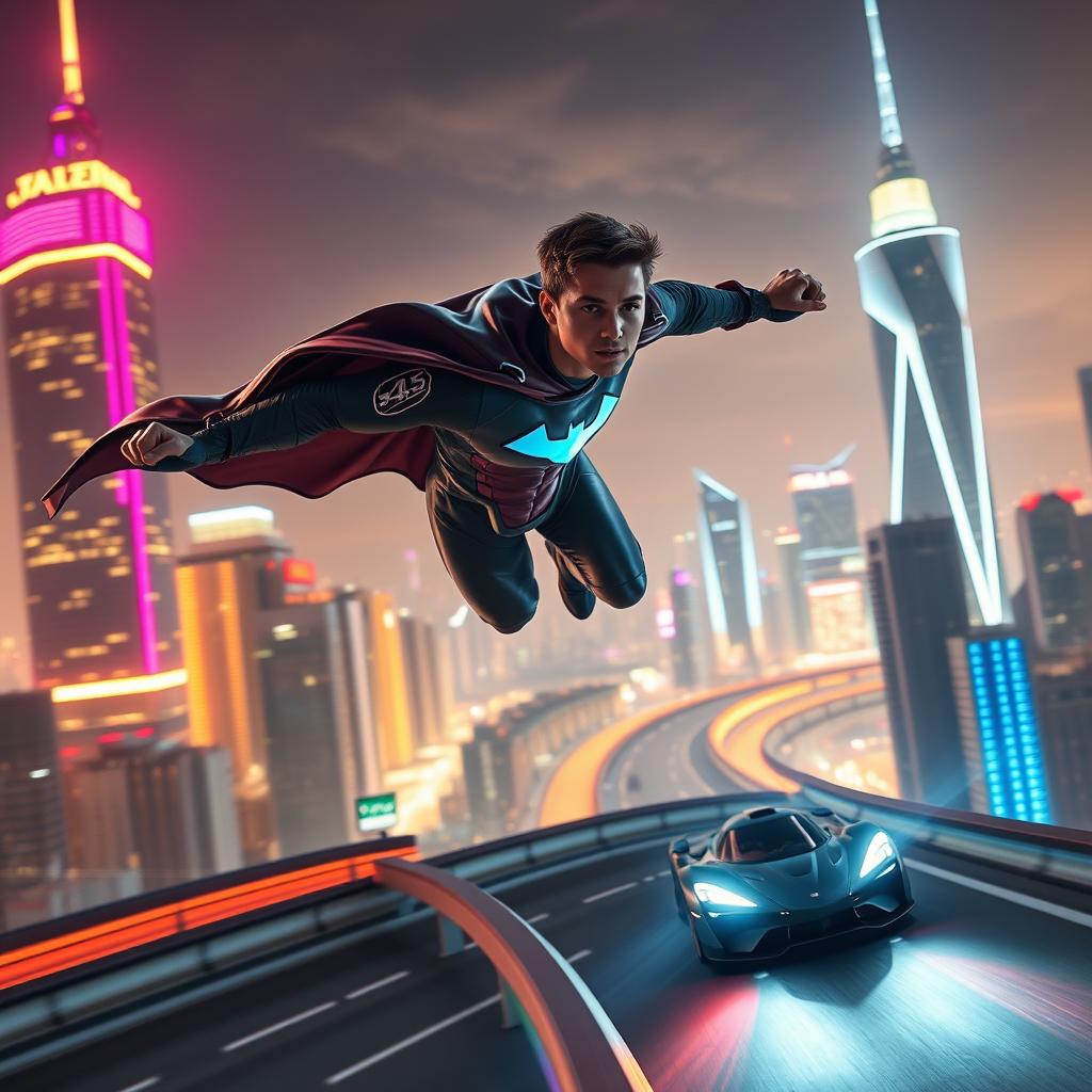 A young man in a sleek superhero suit soaring through a futuristic cityscape