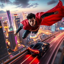 A young man in a sleek superhero suit soaring through a futuristic cityscape