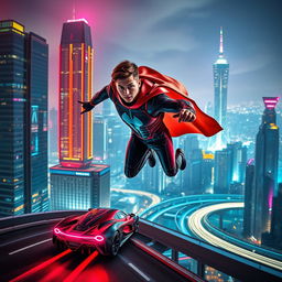 A young man in a sleek superhero suit soaring through a futuristic cityscape