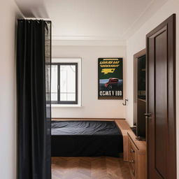 A revised aesthetic bedroom scene with a classic wooden-framed entrance door, an ascetic bed, car posters on a vintage white wall. A wooden window, LED lights, and an AC unit enrich the scene. Modern black curtains add a contrasting touch.