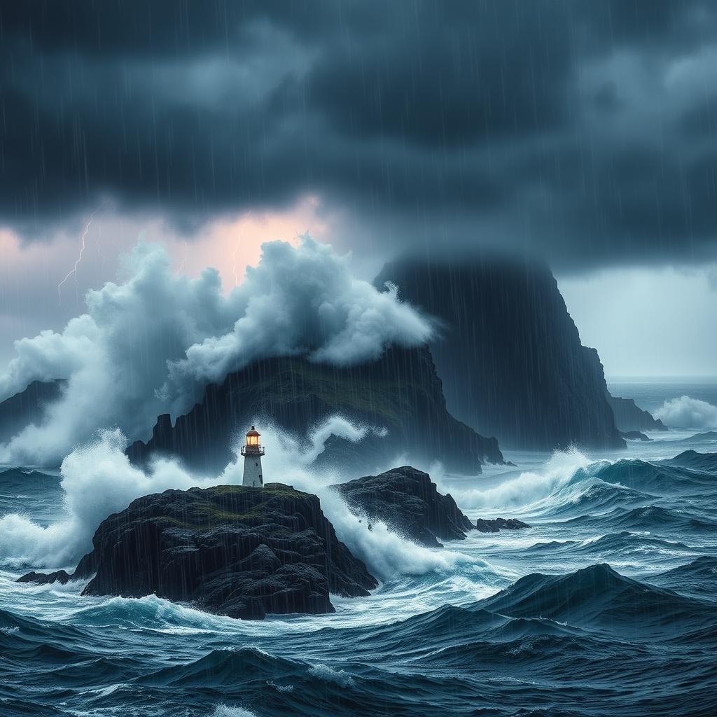 A powerful and dramatic ocean storm scene with towering waves crashing against rocky cliffs, dark ominous clouds looming above, and rain pouring heavily