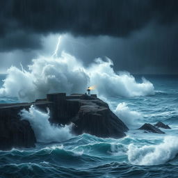 A powerful and dramatic ocean storm scene with towering waves crashing against rocky cliffs, dark ominous clouds looming above, and rain pouring heavily