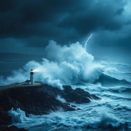 A powerful and dramatic ocean storm scene with towering waves crashing against rocky cliffs, dark ominous clouds looming above, and rain pouring heavily