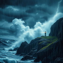 A powerful and dramatic ocean storm scene with towering waves crashing against rocky cliffs, dark ominous clouds looming above, and rain pouring heavily